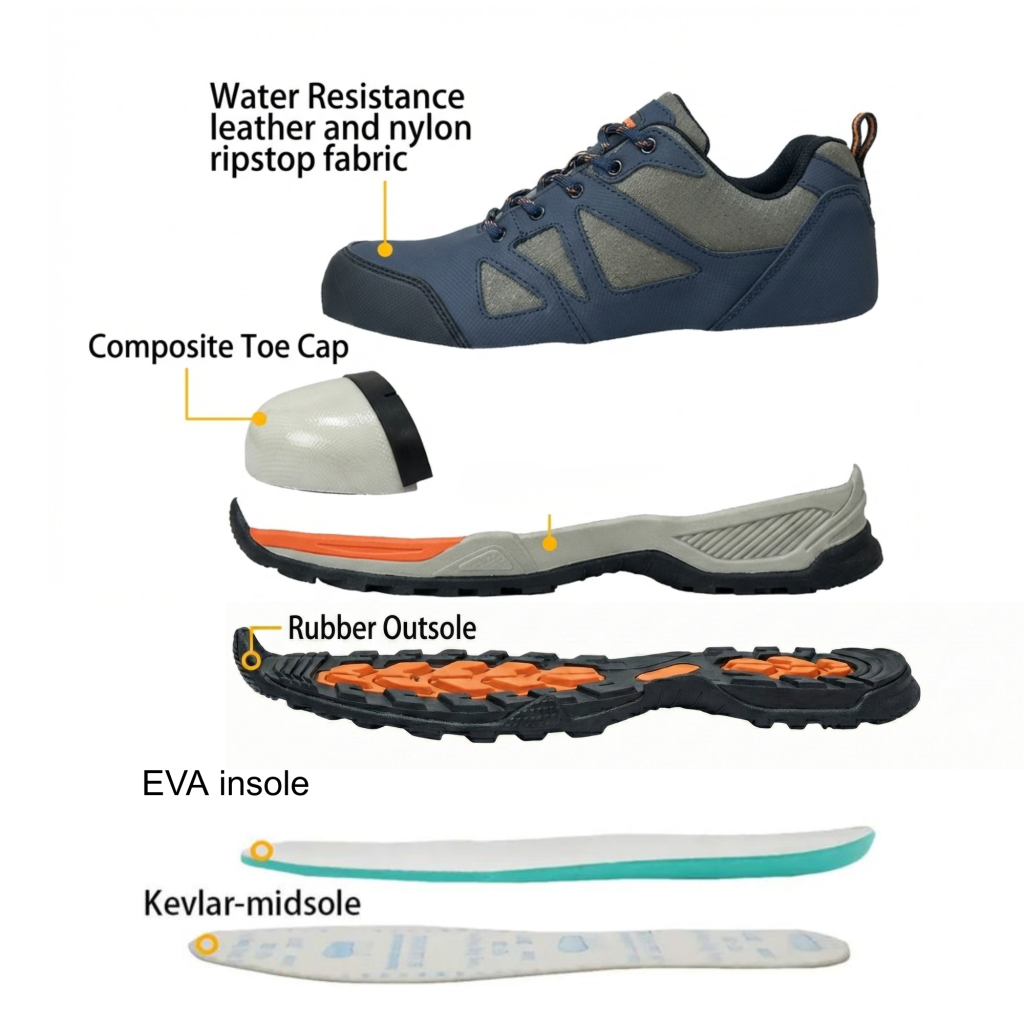 Exploded view of safety shoe showing water-resistant leather and nylon ripstop upper, composite toe cap, EVA insole, Kevlar puncture-resistant midsole and rubber slip-resistant outsole