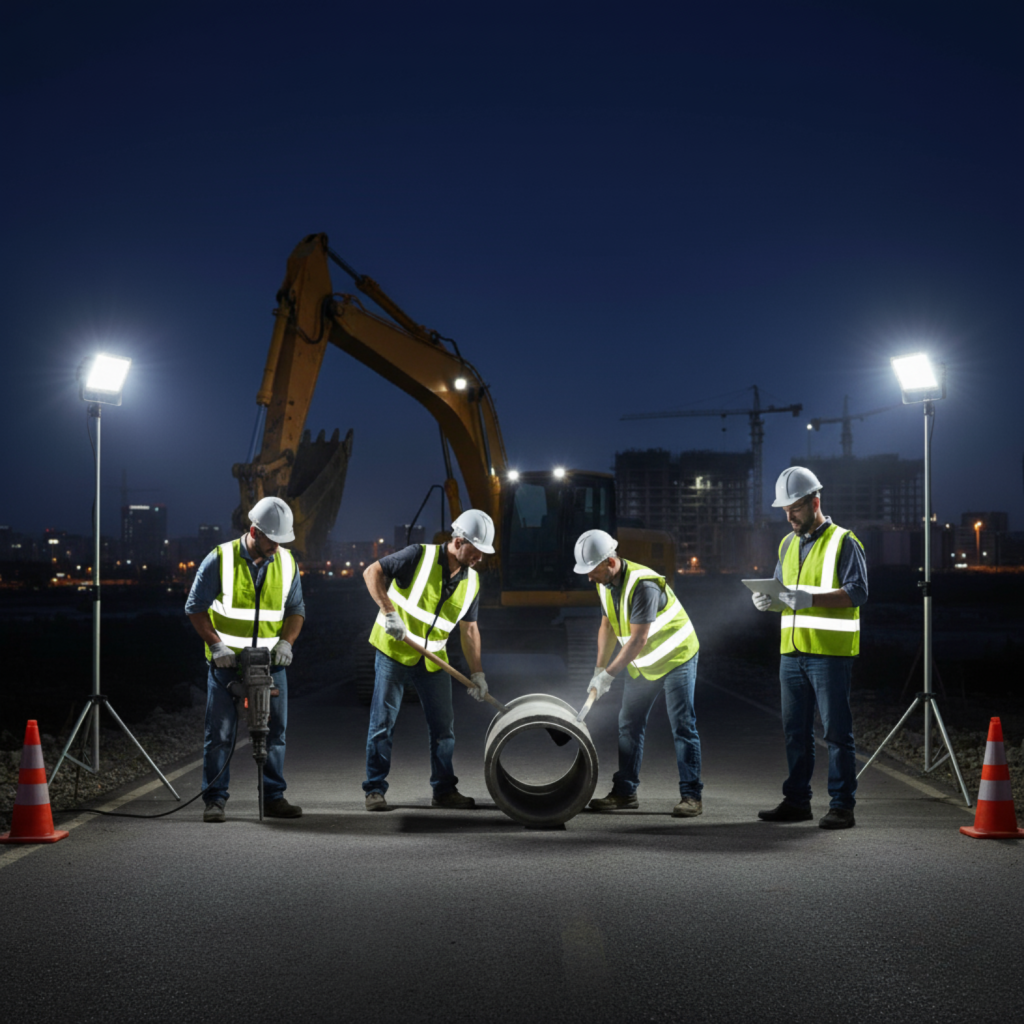 workers wearing high visibility safety vests on construction site at night