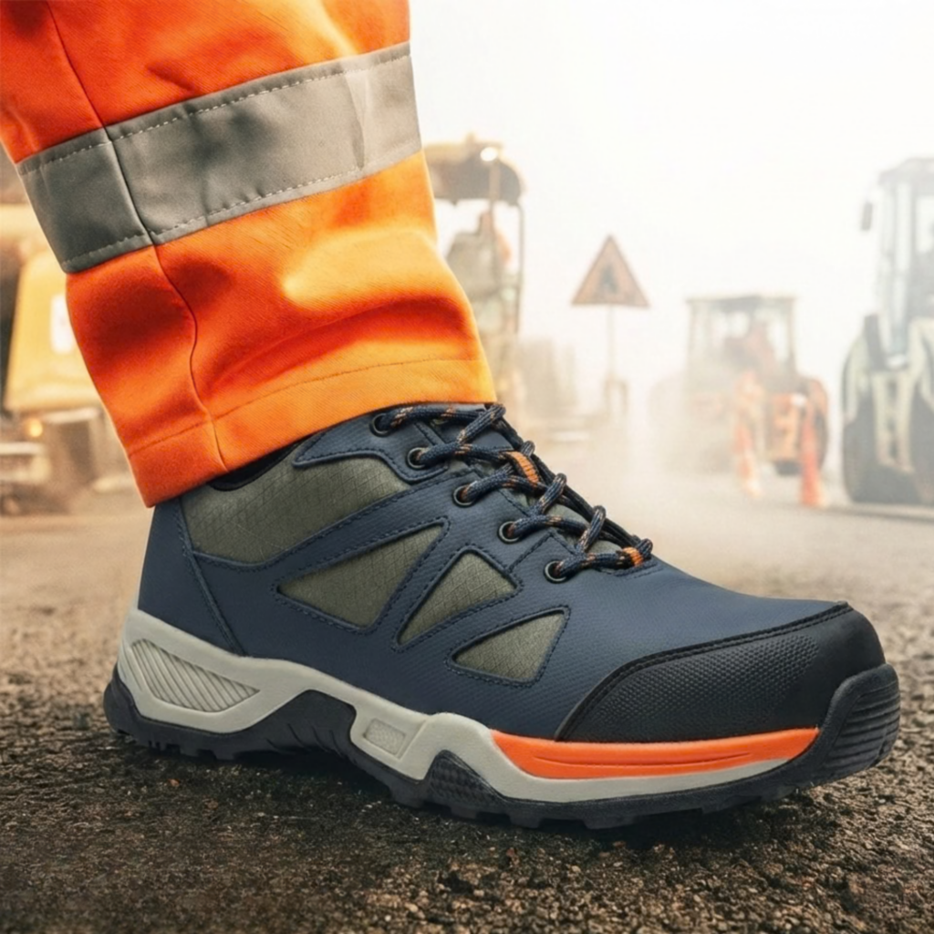 Worker wearing lightweight composite toe safety shoes with slip-resistant sole on a construction site, paired with high-visibility workwear