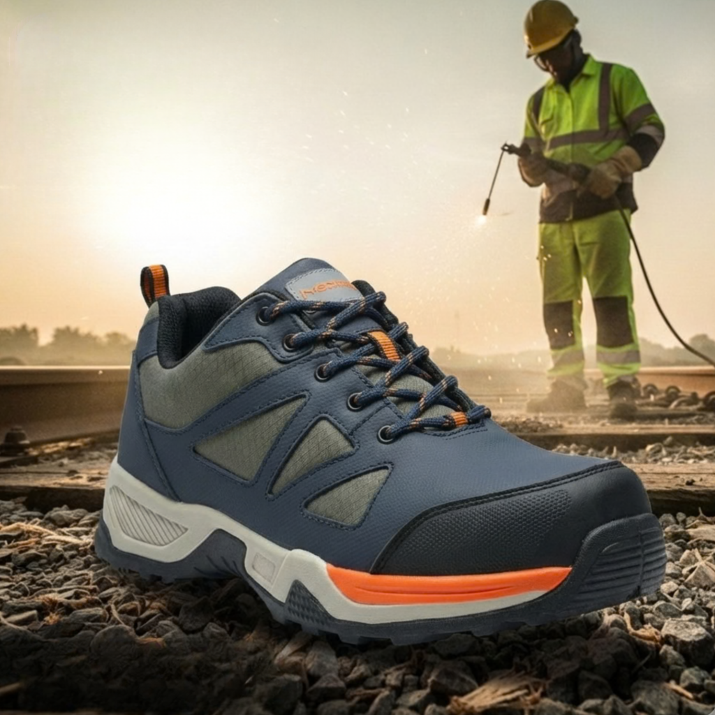 Durable blue safety work shoe with composite toe and rugged outsole placed on construction ground, with worker in high-visibility gear operating equipment in the background, showing industrial workplace use.