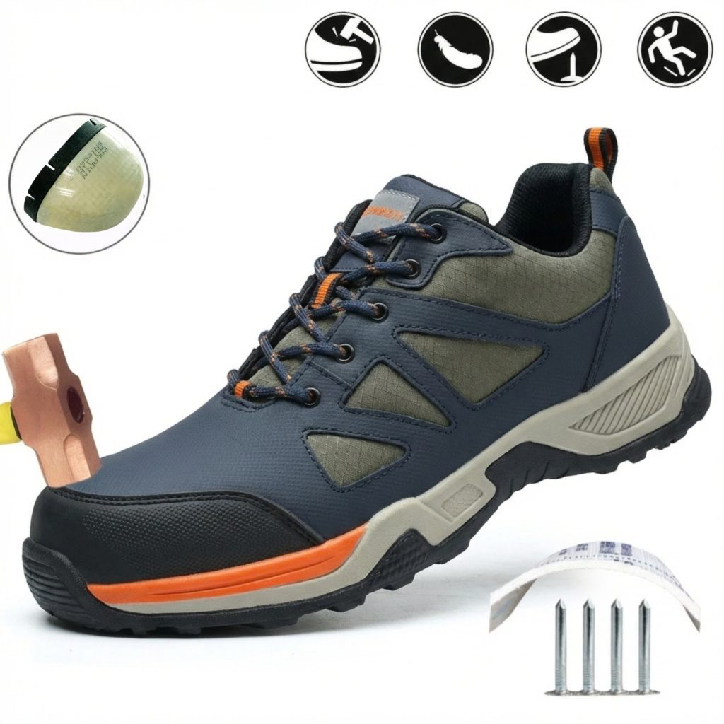 Lightweight composite toe safety shoes with puncture-resistant midsole, slip-resistant outsole and impact protection, shown with nails and hammer for safety demonstration