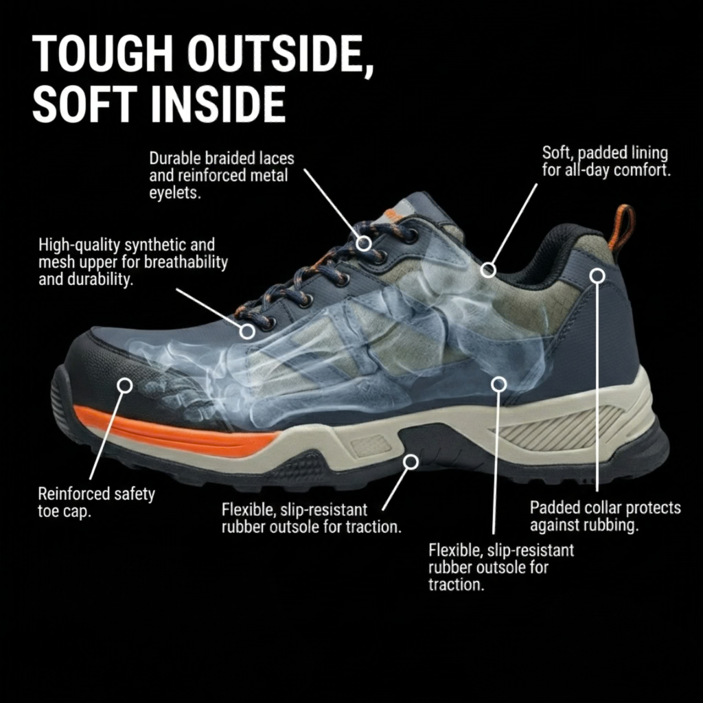 Safety work shoe cutaway diagram showing reinforced toe cap, breathable synthetic mesh upper, padded lining, padded collar, durable metal eyelets, and slip-resistant rubber outsole for traction and comfort