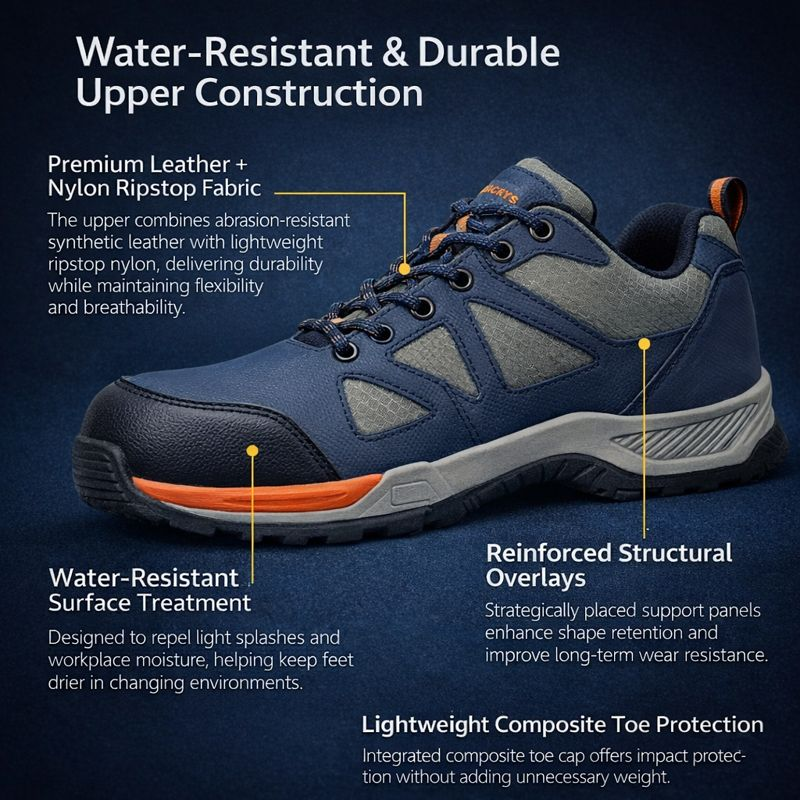 Safety work shoe upper construction diagram highlighting water-resistant synthetic leather, nylon ripstop fabric, reinforced structural overlays, and lightweight composite toe protection