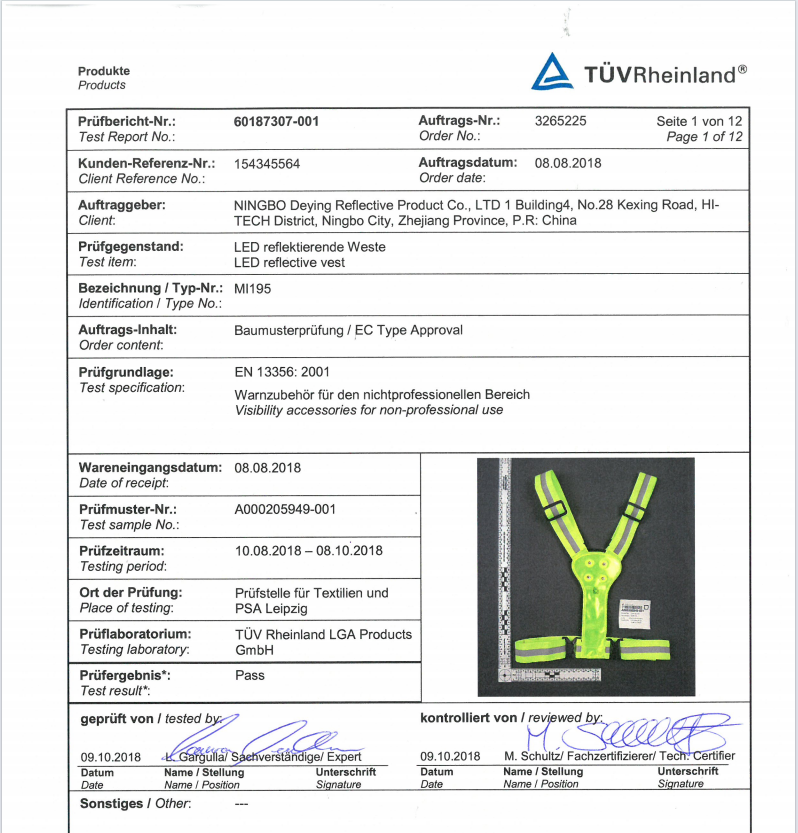 RF-SV-L03(MI195) LED running vest EN13356 testing report TUV