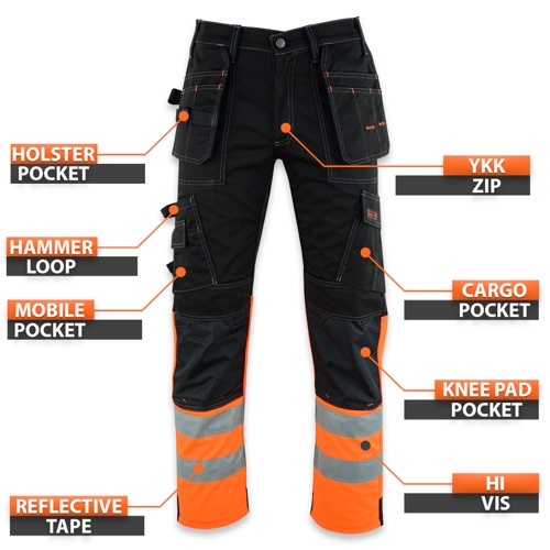 Black poly-cotton work trousers fabric close-up showing durable twill texture