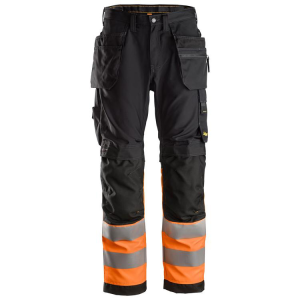 Front view of black high-visibility work trousers with orange reflective tape and multi-pocket design.