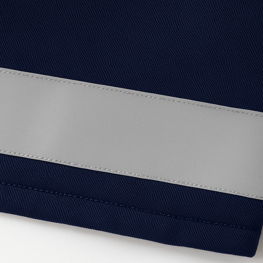 close-up detail of a single reflective tape stitched onto navy blue work trousers, showing diagonal twill fabric texture and precise stitching