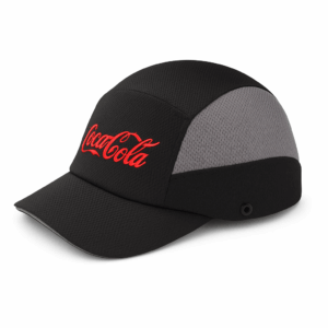 Black and grey fabric bump cap with red Coca-Cola embroidery, white background, lightweight head protection hat
