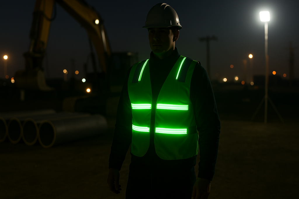 worker wearing glowing LED safety vest in dark industrial area