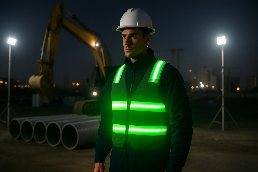 worker wearing LED reflective safety vest at night construction site