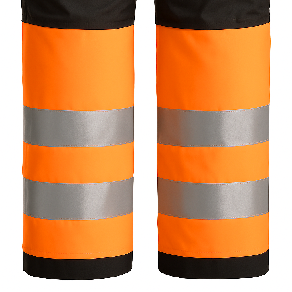 Close-up view of the high-visibility reflective tape on safety cargo trousers