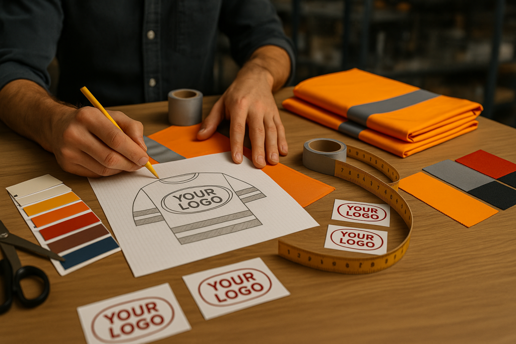 custom workwear design table with color swatches, reflective tape, and logo samples