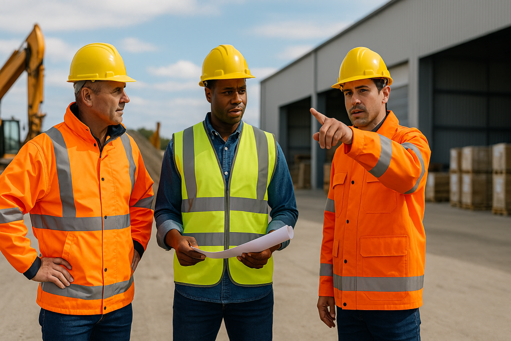 group of workers wearing fluorescent yellow and orange reflective vests at construction and warehouse site