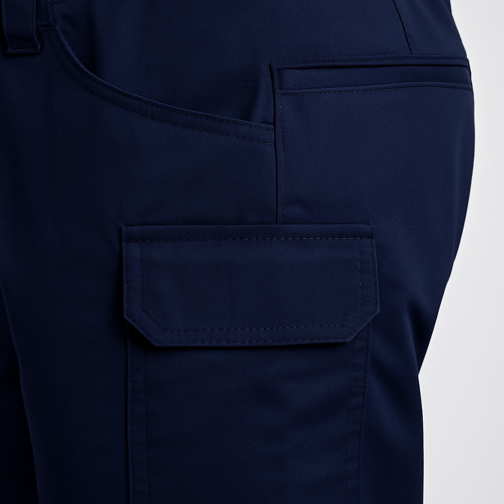 Close-up view of the cargo pocket and utility loop on navy blue work trousers designed for industrial use.