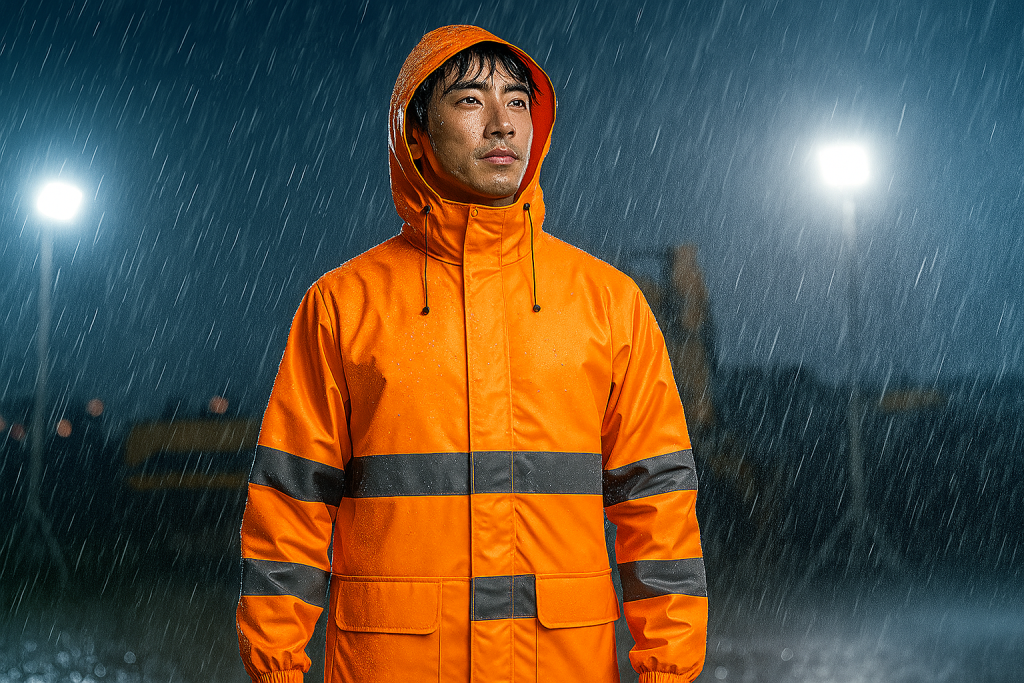 worker wearing orange waterproof reflective jacket in rain