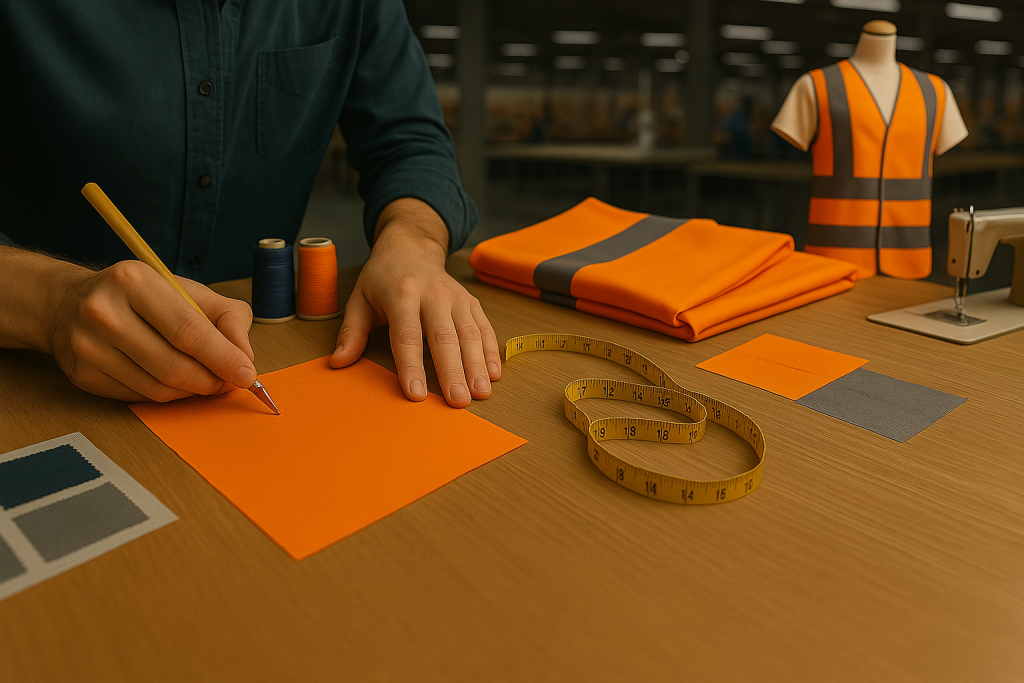 designer working on custom workwear sketch and factory sample preparation