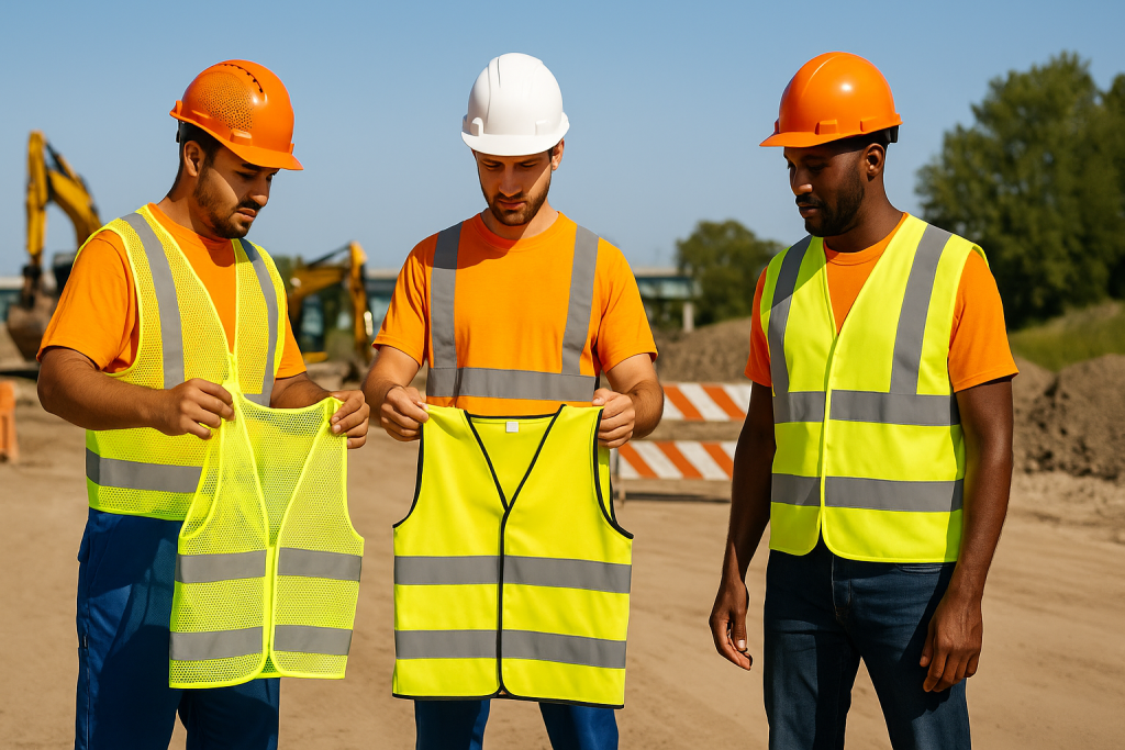 workers comparing mesh and solid reflective vests in a bright outdoor environment, no text