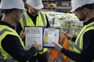 Inspecting EN ISO 20471 compliance for high-visibility safety vests during quality control