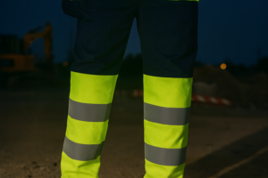 Close-up of high-visibility safety trousers with fluorescent yellow fabric and reflective bands worn by a worker at a construction site at night