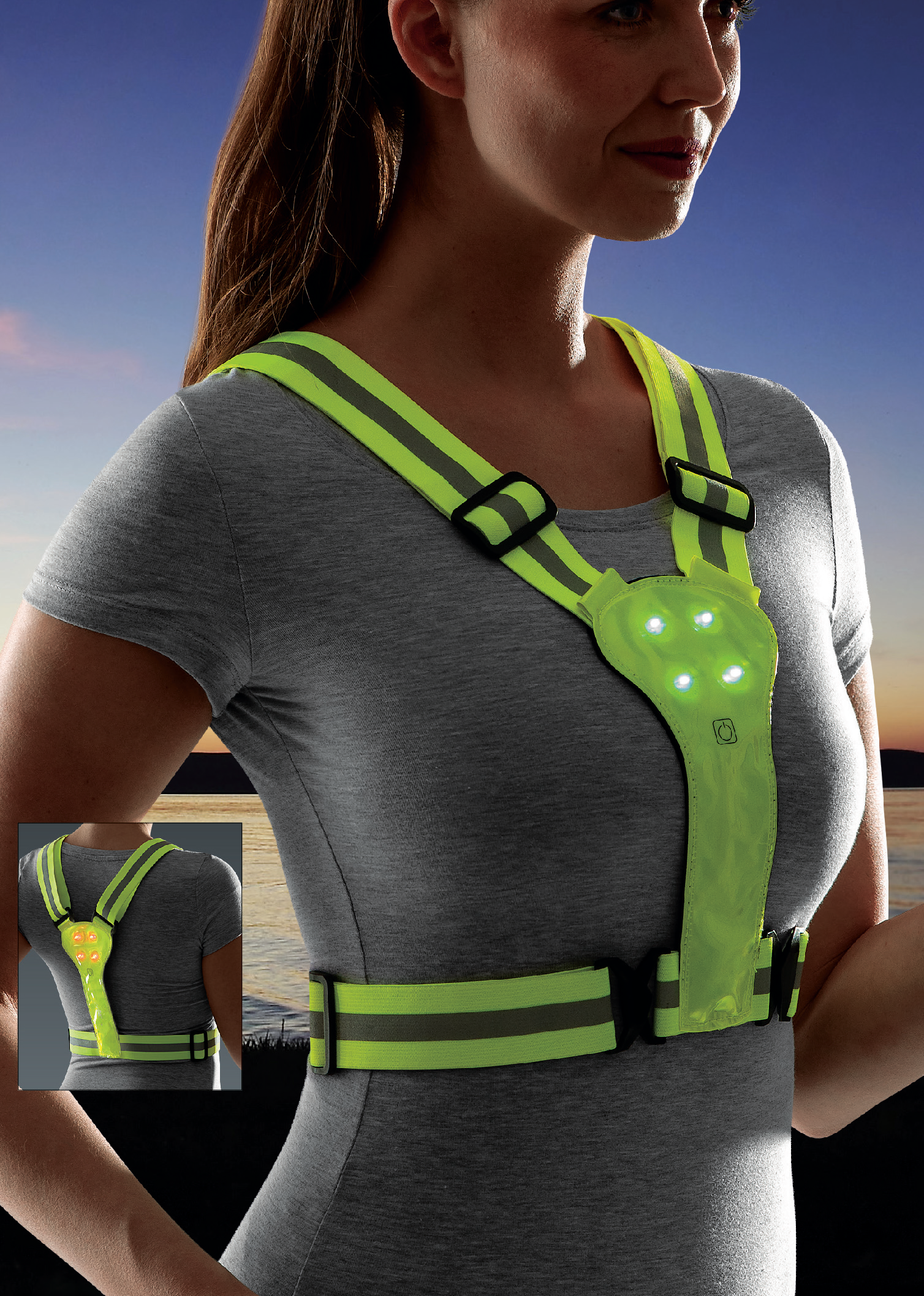 Close-up view of LED reflective running harness showing front LED safety lights, with rear LED lighting displayed in inset image for dual-side visibility