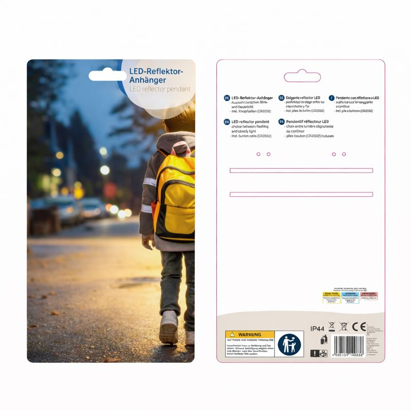 Retail hanging card packaging design showing front and back layout for LED reflector pendant, suitable for pegboard display