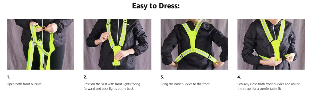 Step-by-step wearing instructions for LED reflective running harness, showing how to open the buckles, position the vest, bring straps to the front and adjust for a comfortable fit