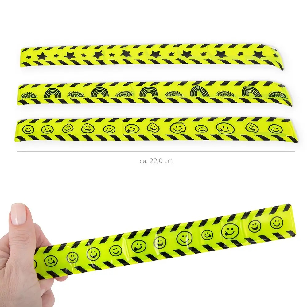 High visibility reflective snap wristbands with flexible spring steel core, multiple patterns, 22cm length, easy to bend and snap for wrist or bag use