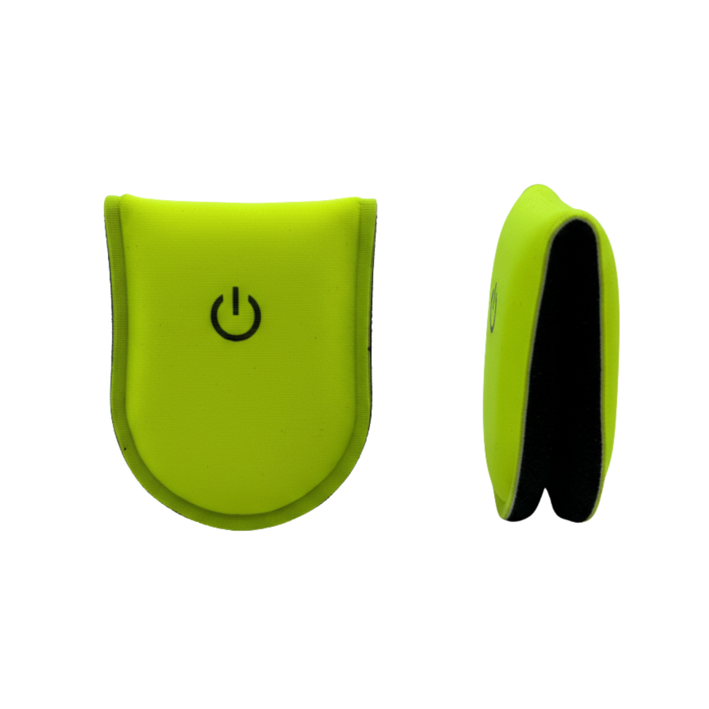 Front and side view of clip-on LED safety light with Lycra fabric shell, shown in non-illuminated state