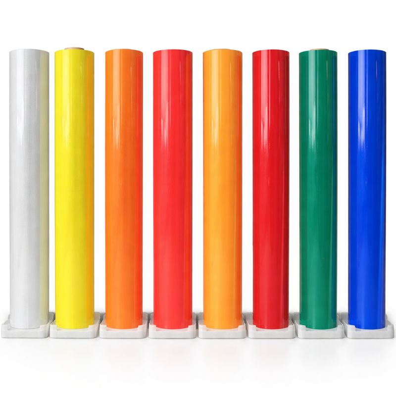 multiple color rolls of reflective lattice material displayed side by side