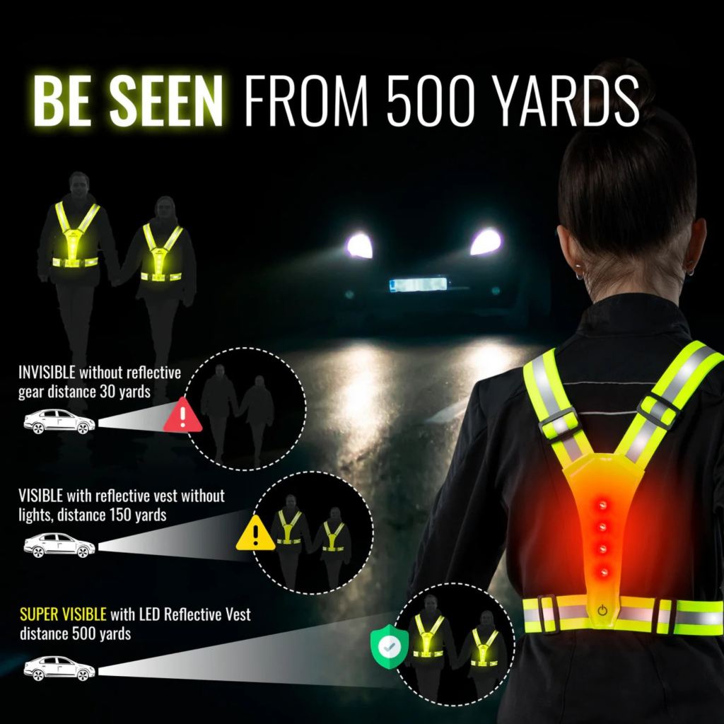 LED reflective running harness night safety visibility — be seen from 500 yards, high-visibility reflective straps with LED lights for outdoor running, cycling and walking