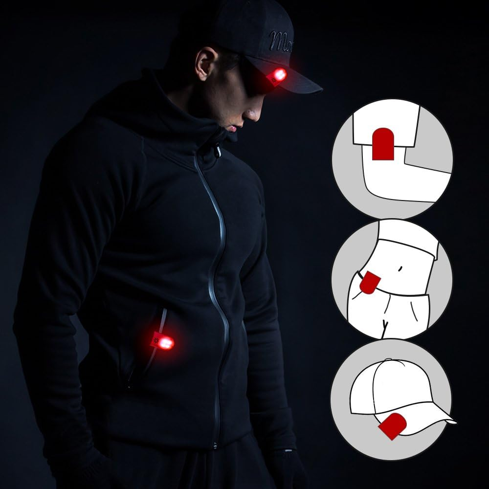 Clip-on LED safety light worn on jacket, waistband, and cap, demonstrating versatile attachment positions for night running and outdoor visibility
