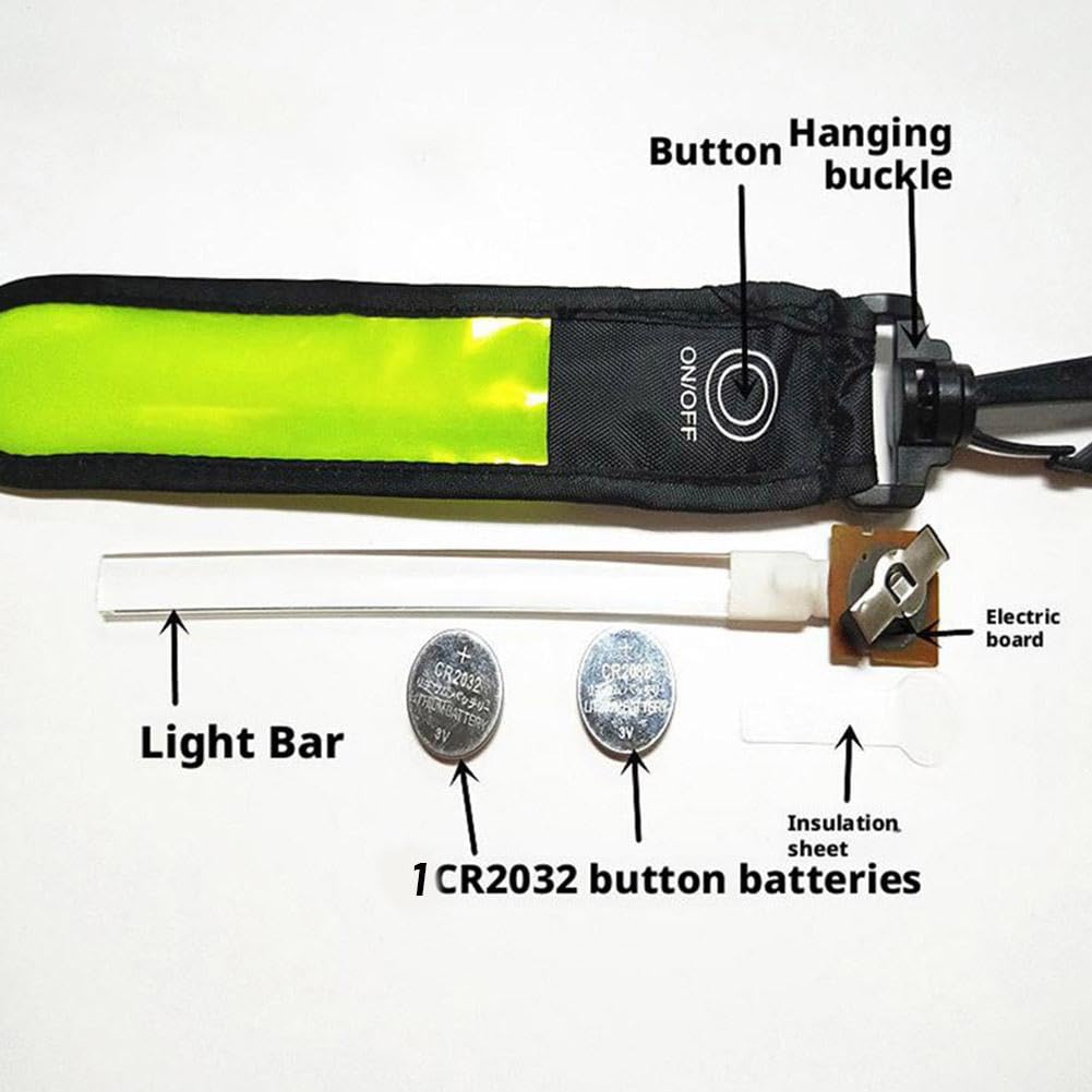 Exploded view of LED bag tag showing cold light strip, CR2032 button batteries, on/off button, hanging buckle, and internal circuit board