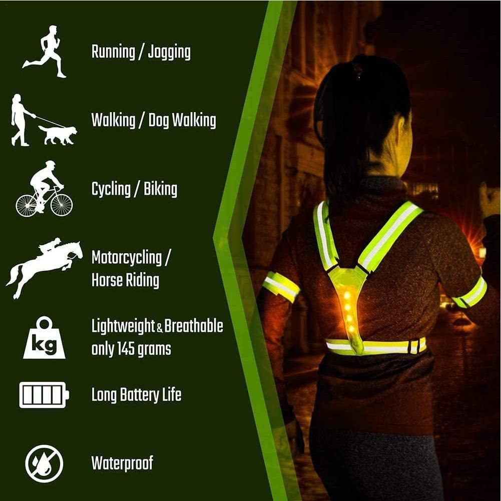 LED reflective running harness for night safety — suitable for running, jogging, cycling, dog walking, motorcycling and outdoor sports, lightweight breathable design with long battery life and waterproof function