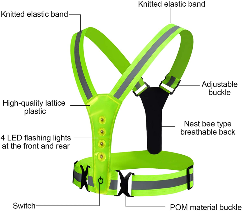 Close-up view of LED reflective running harness showing knitted elastic bands, adjustable buckles, breathable back panel, durable lattice plastic body, front and rear LED flashing lights, and POM quick-release buckle