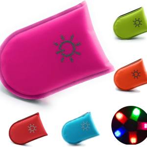 Multi-color magnetic LED safety light clips in pink, green, orange, red and blue, showing different color options and illuminated LED modes