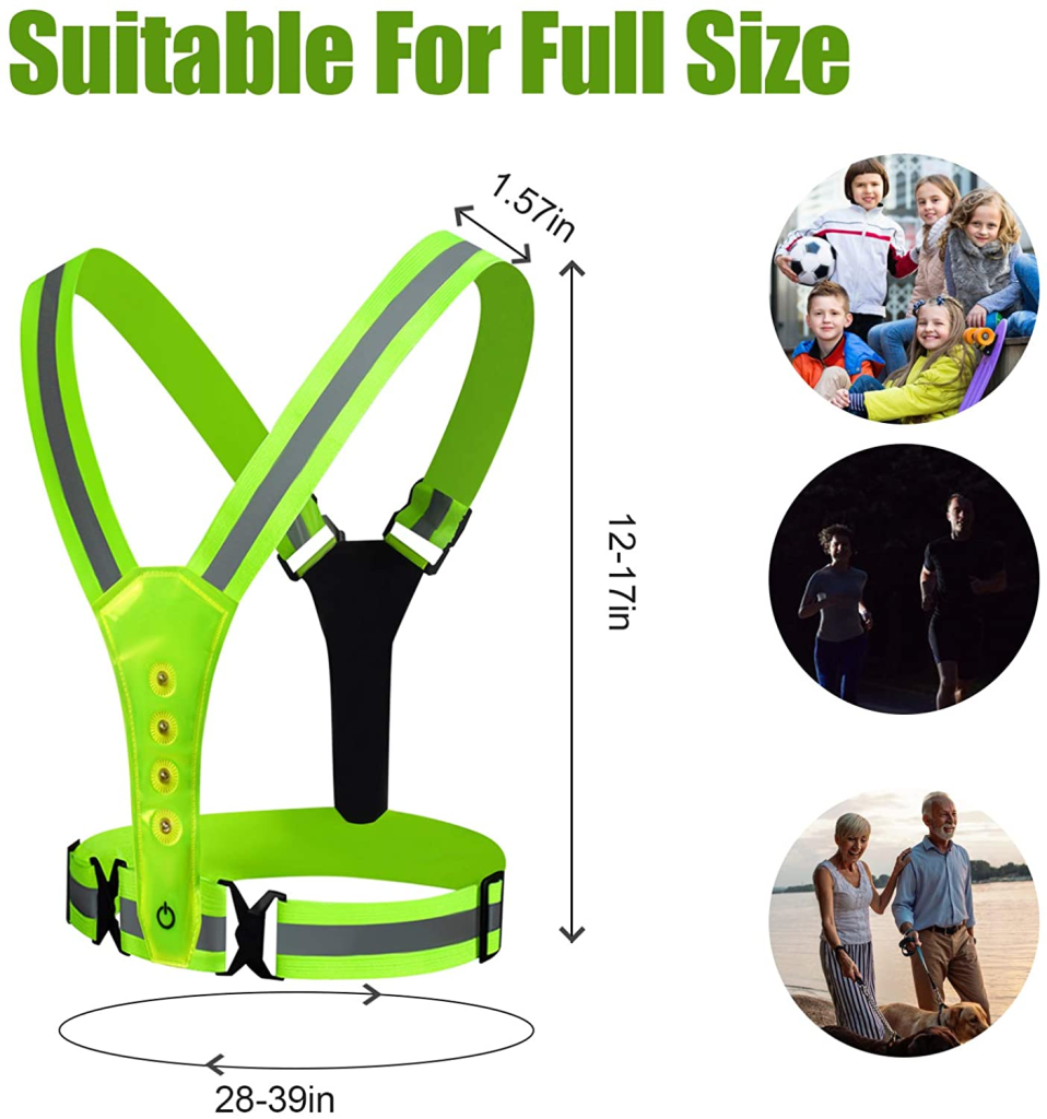 Size chart of LED reflective running harness showing adjustable chest belt 28–39 inches, shoulder strap height 12–17 inches, 1.57 inch strap width, suitable for adults, seniors, runners and outdoor users