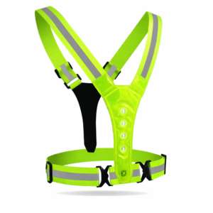 Front view of LED high visibility running vest and reflective safety harness, featuring fluorescent elastic straps, reflective tape and front LED light panel
