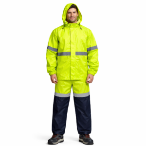 High visibility waterproof rain suit worn by model, fluorescent yellow jacket and pants with reflective tape for outdoor and construction work