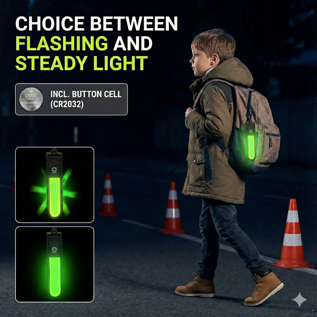 LED bag tag attached to a backpack at night, showing flashing and steady light modes with bright green cold light for improved visibility