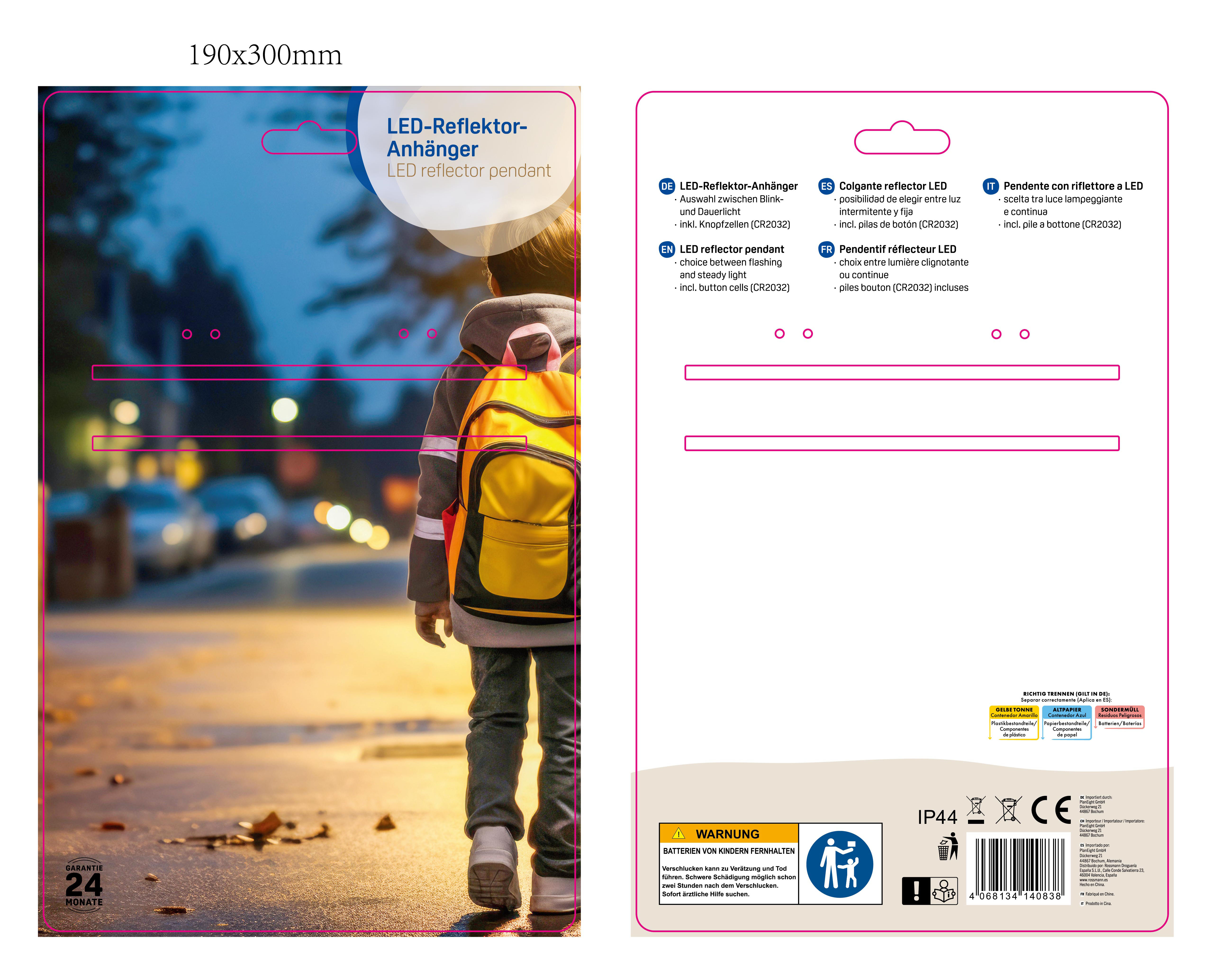 Retail packaging design of an LED reflective bag tag, showing front night safety usage scene and back panel with product information, symbols, and certifications