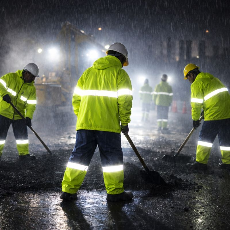 Workers wearing high-visibility waterproof rain suits with reflective tape working on a road construction site at night in heavy rain