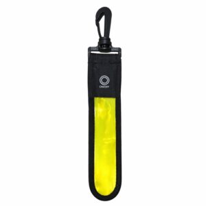 LED reflective bag tag with neon yellow light strip and carabiner hook on a white background, suitable for backpacks and outdoor safety use