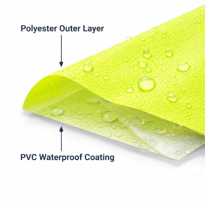 Close-up view of hi-vis rainwear material showing fluorescent polyester outer fabric and inner PVC waterproof coating with water droplets on a white background
