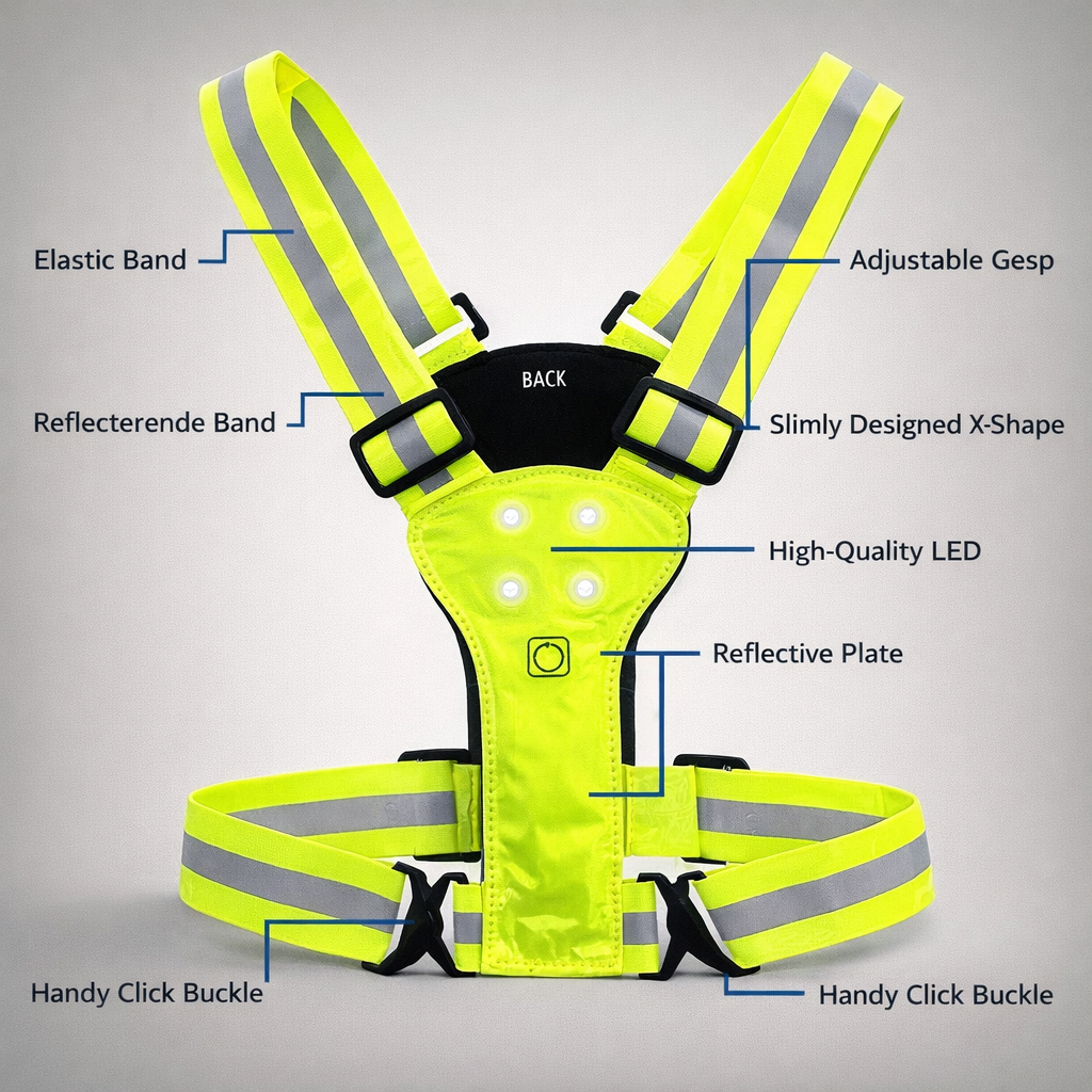 Structure diagram of LED reflective running harness showing elastic band, reflective straps, adjustable buckle system, slim X-shape design and high-quality LED light panel